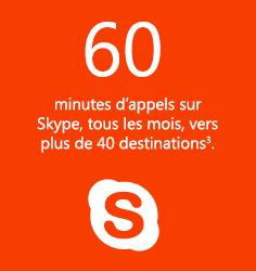60 minutes d’appels sur Skype, tous les mois, vers plus de 40 destinations.